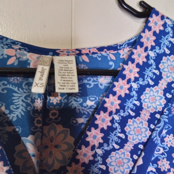 Japna Blue Floral Surplice Romper with Pink Accents - Picture 2 of 3